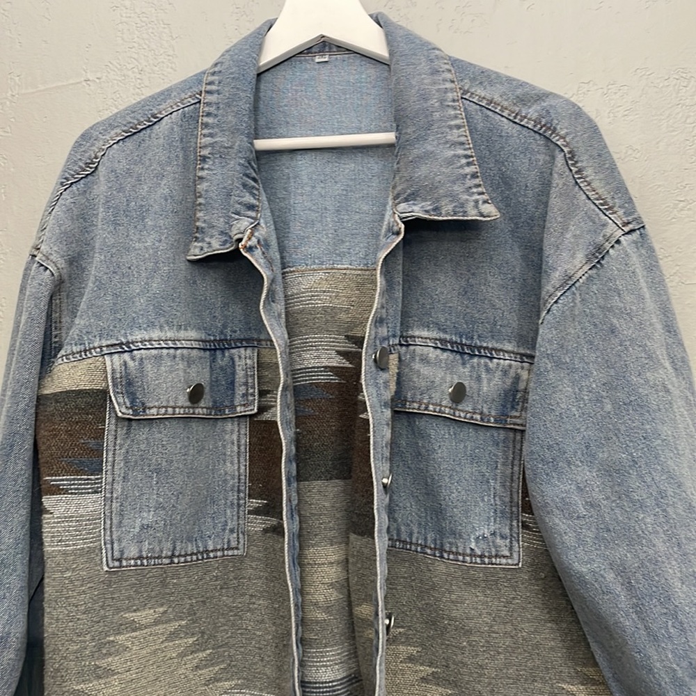 Aztec Design Distressed Denim Jacket - Picture 5 of 14
